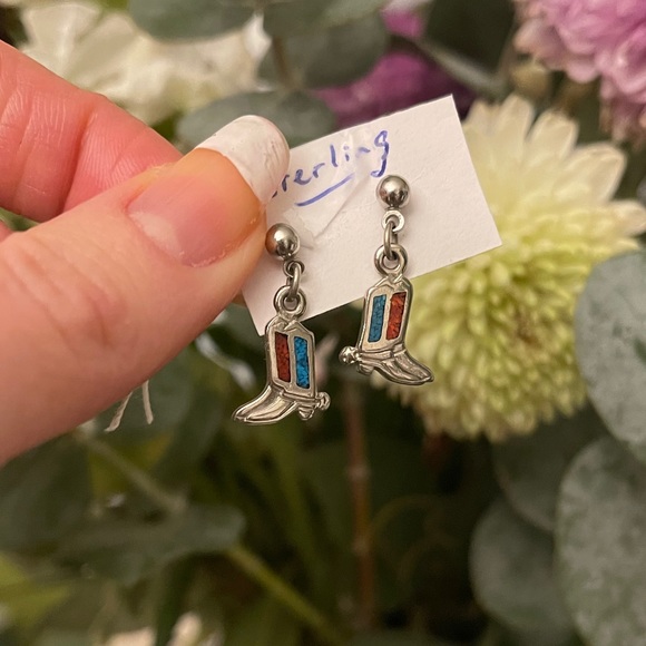 Sterling silver cowboy boots earrings turquoise - Picture 7 of 8